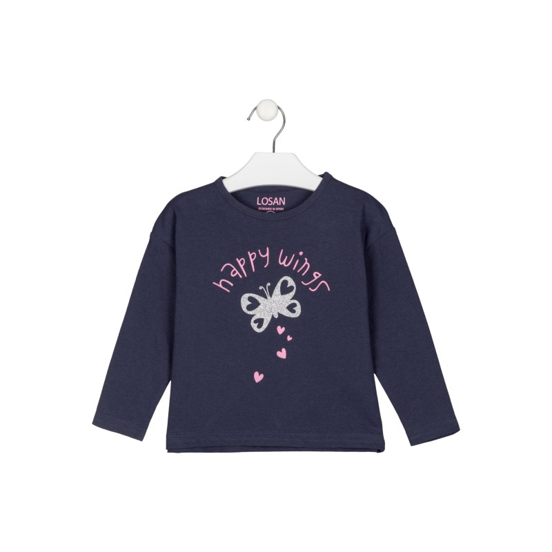 T-shirt bambina in cotone tinta unita a maniche lunghe con stampa frontale Losan 216-1681AL