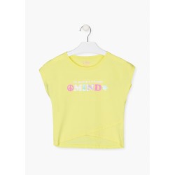 T-shirt da ragazza in cotone tinta unita a maniche corte con stampa sul davanti e incrocio davanti Losan 21G-1212AL