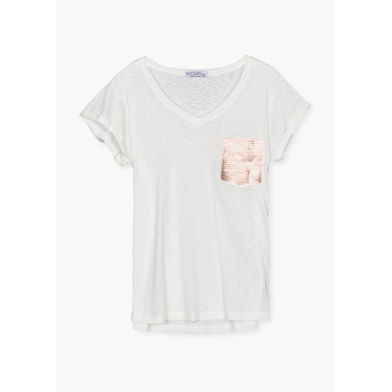 T-shirt da donna a manica corta a tinta unita con tasca con paillettes Losan 212-1001AL