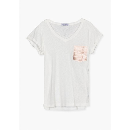 T-shirt da donna a manica corta a tinta unita con tasca con paillettes Losan 212-1001AL