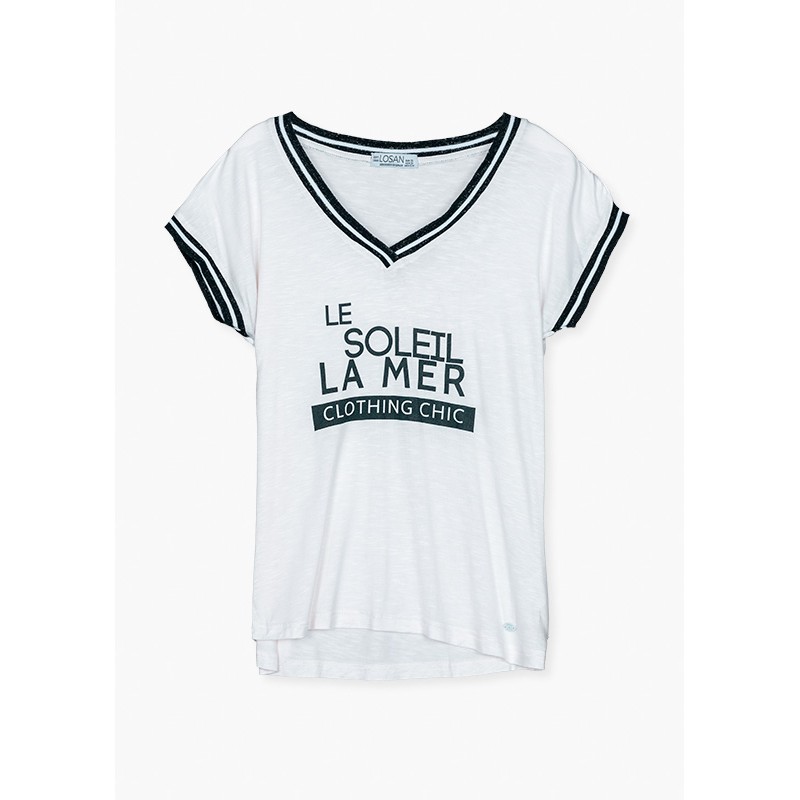 T-shirt da donna a maniche corte in tinta unita con scollo a v e stampa Losan 212-1023AL