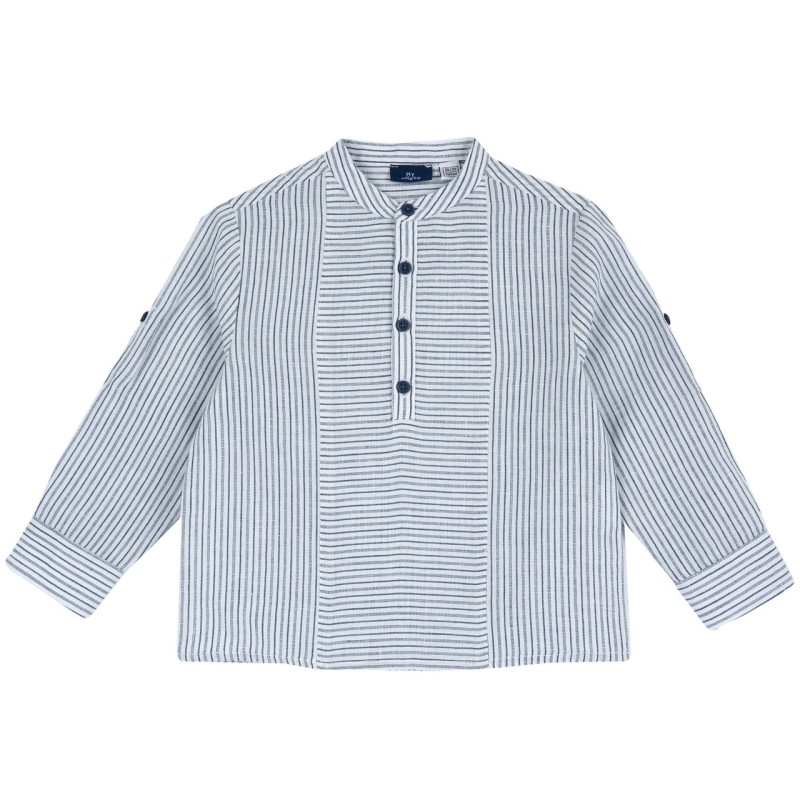 Camicia con manica lunga in cotone tinto filo con simpatica fantasia a righe e bottoni applicati sulle maniche per accorciarle B