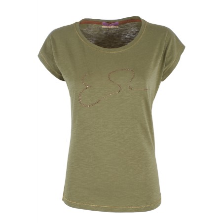 T-shirt da donna a girocollo con maniche corte a pipistrello e stampa sul davanti T229/TL00  VERDE MILITARE 0905 Yes Zee