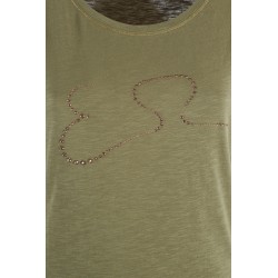 T-shirt da donna a girocollo con maniche corte a pipistrello e stampa sul davanti T229/TL00  VERDE MILITARE 0905 Yes Zee