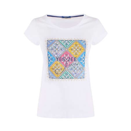 T-shirt da donna girocollo a maniche corte con stampa sul davanti T257/T903  BIANCO 0101 Yes Zee