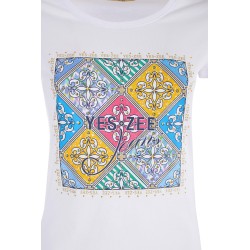 T-shirt da donna girocollo a maniche corte con stampa sul davanti T257/T903  BIANCO 0101 Yes Zee