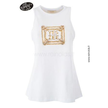 T-SHIRT DONNA SMANICATA CON APPLICAZIONI GIOIELLO DAVANTI Yes Zee T225 LU05  b 0127 BIANCO OTTICO Tessuto: 100%CO