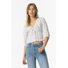 Blusa da donna con scollo a V e maniche corte a sbuffo. Dettaglio di elastici e fiocco. 10054839 Laranja b 001 White Tiffosi Tes