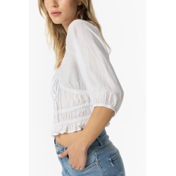 Blusa da donna con scollo a V e maniche corte a sbuffo. Dettaglio di elastici e fiocco. 10054839 Laranja b 001 White Tiffosi Tes