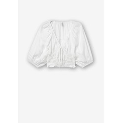 Blusa da donna con scollo a V e maniche corte a sbuffo. Dettaglio di elastici e fiocco. 10054839 Laranja b 001 White Tiffosi Tes