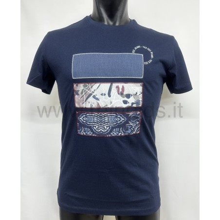 T-SHIRT UOMO GIROCOLLO CON APPLIACAZIONI E MANICHE CORTE Yes Zee T708 SU00 0713 BLU