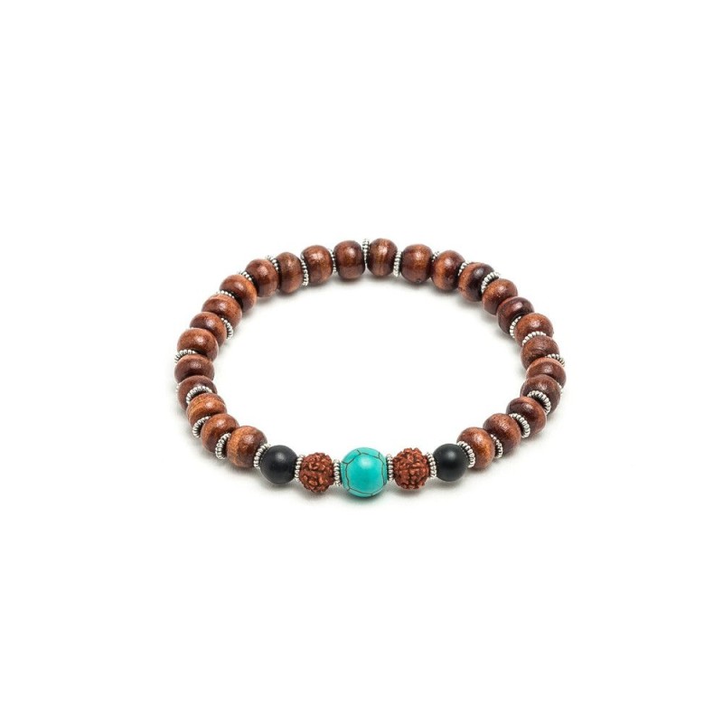 Bracciale elastico con sfere in onice, legno, semi di rudraksha ed elementi placcati in argento. Lavorazione artigianale. wo1006