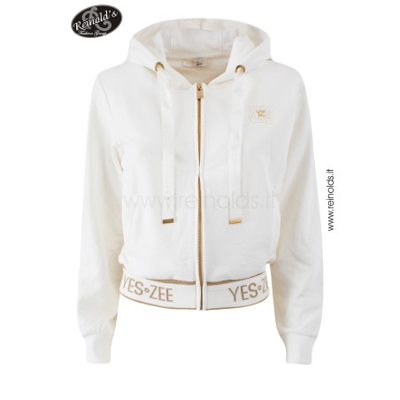 Felpa da donna fullzip e cappuccio con particolari lacci con scritta yes zee  F414/SN00  GESSO 0107 Yes Zee