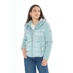 YES ZEE GIUBBINO DA DONNA TRAPUNTATO CON INSERTI IN SOFTSHELL, FINTO GILET E CAPPUCCIO STACCABILE J045 M800 c VERDE ANTICO