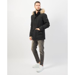 YES ZEE CAPPOTTO DA UOMO TIPO PARKA MODELLO WOOLRICH CON INTERNO TRAPUNTATO, CAPPUCCIO E PELLICCIA O800 NU00 NERO