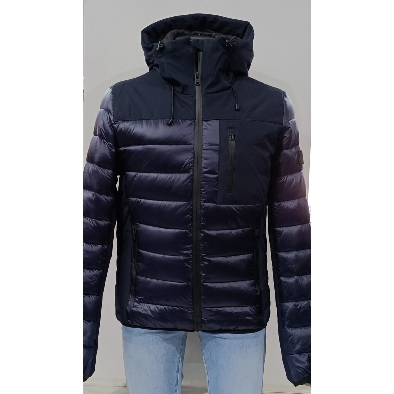 GIUBBINO DA UOMO TRAPUNTATO CON CAPPUCCIO CON INSERTI IN SOFTSHELL YES ZEE J867 Q700 blu navy