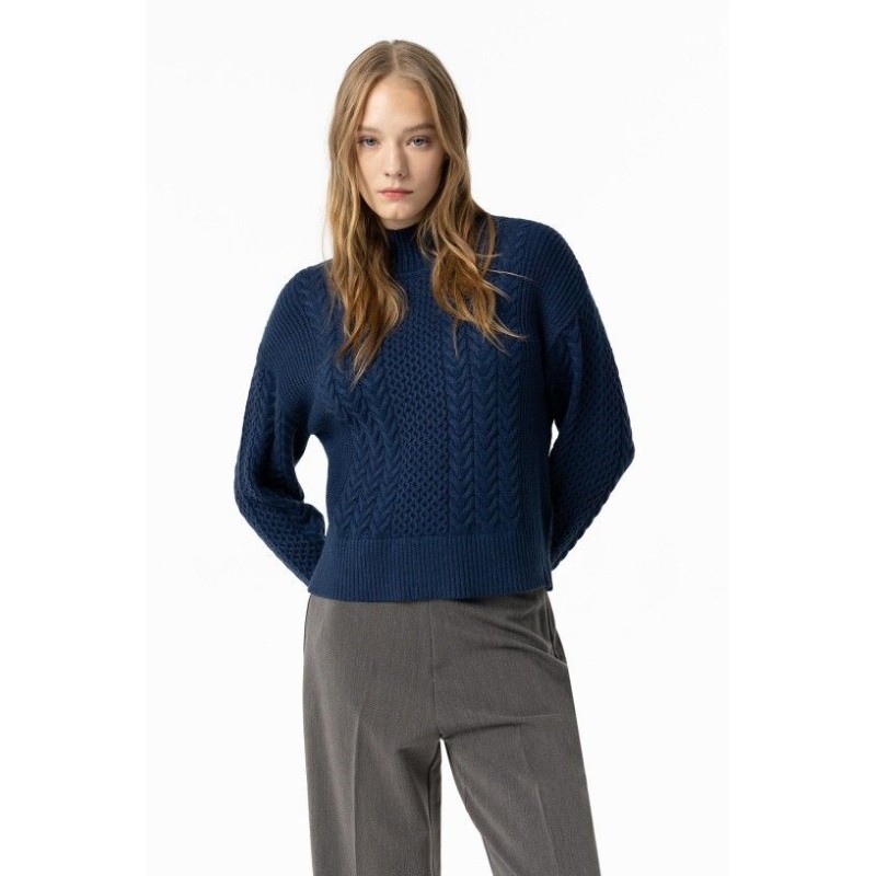 Maglione da donna con collo a lupetto e lavorazione a trecce Edwina_2 790 Dark Navy