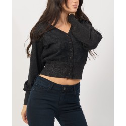 YES ZEE Cardigan da donna corto con effetto semi lucido M092 IS00 c NERO