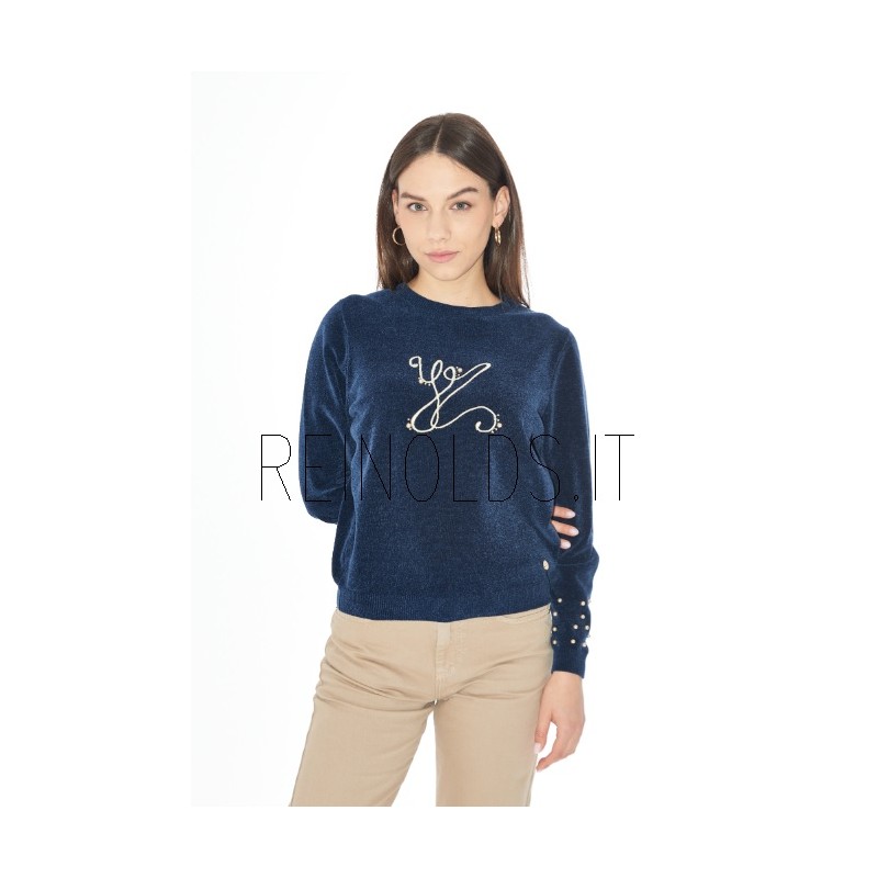 YES ZEE MAGLIA DA DONNA E RAGAZZA GIROCOLLO CON APPLICAZIONI PERLE M099 IE00 c BLU NAVY