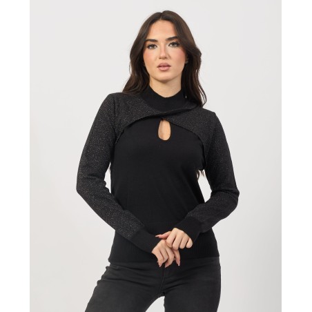 YES ZEE Maglia da donna e ragazza a manica lunga dal davanti con incrocio e orli a costine M056 BG00 c NERO